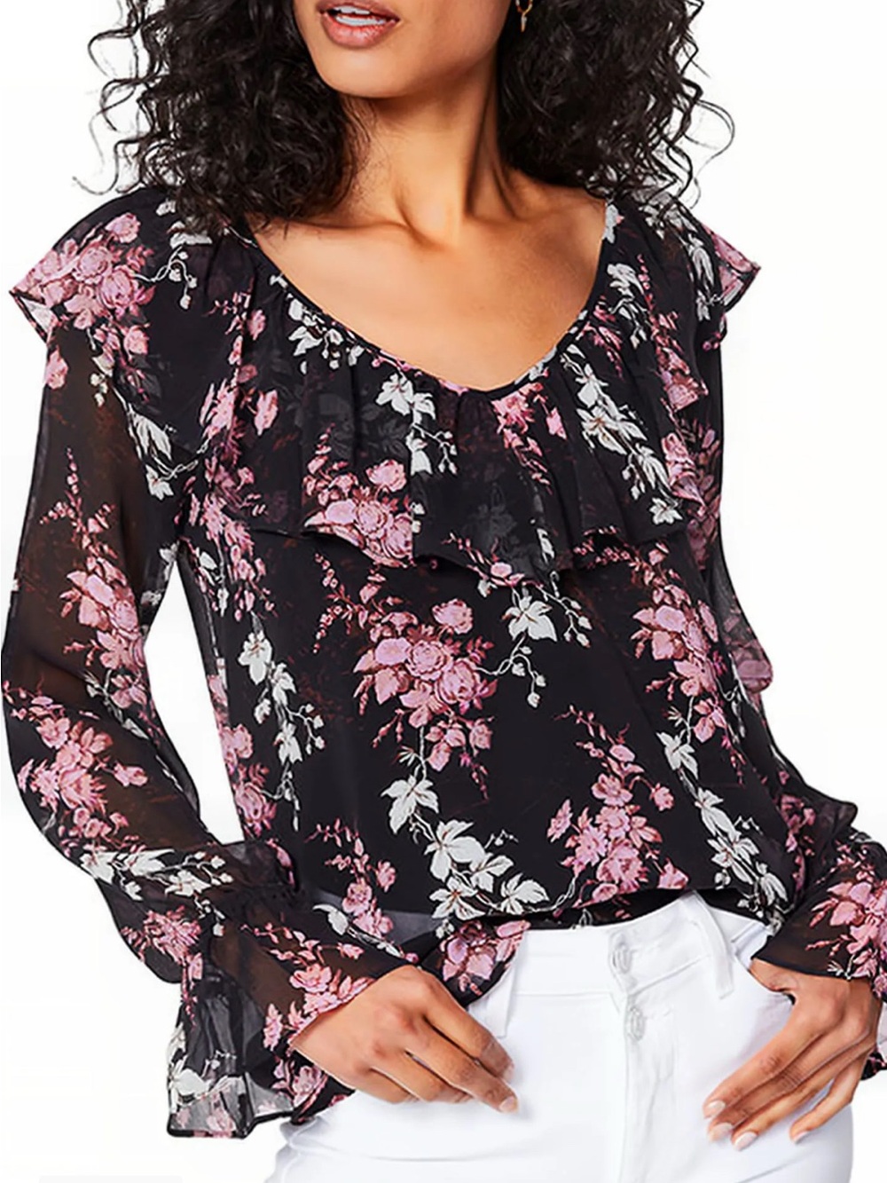 PAIGE Black Floral Ruffle-Neck Blouse with Pink & White‎ Print
